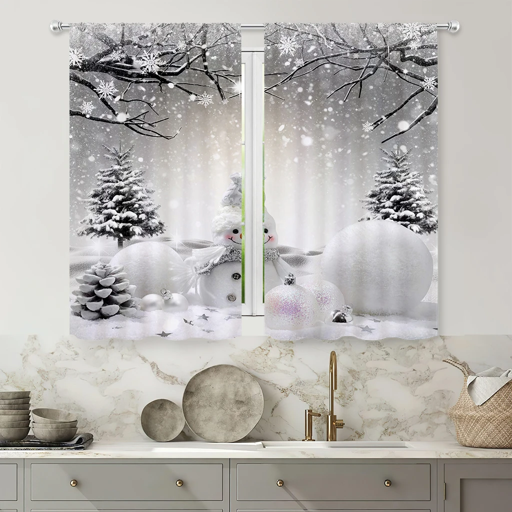 2pcsCurtains With Cute Cartoon Snowman Print, Christmas Window Decorations, Curtains For Children's Rooms, Holiday Gifts