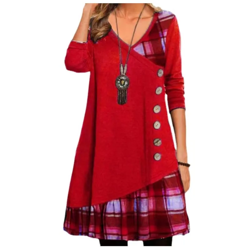 Autumn And Winter New Women's Casual Patchwork Checkered Button Long Sleeved Dress With V-neck Comfortable Irregular Short Skirt