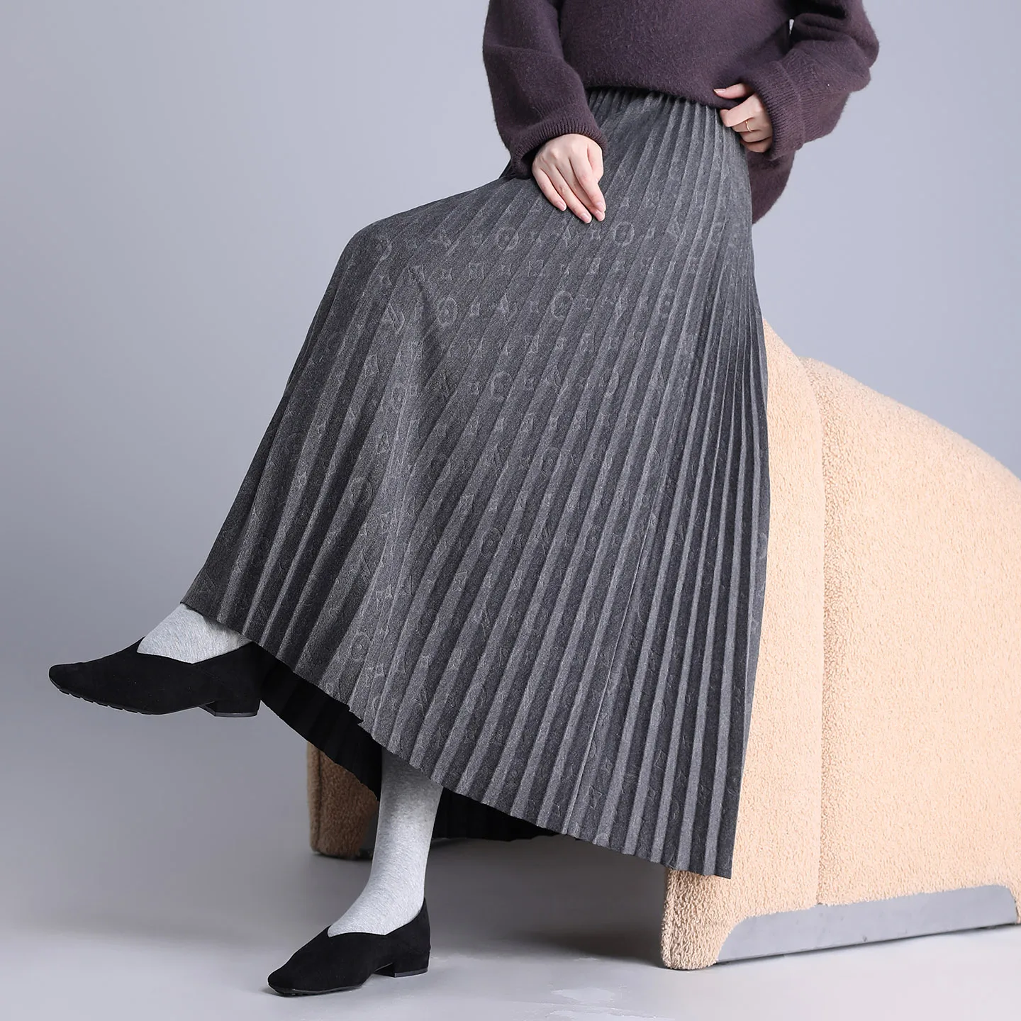 

Длинная шерстяная юбка с высокой талией, плиссированная, женская, модная, зимняя, приталенная, драпированная, А-силуэт, для повседневной носки и офиса