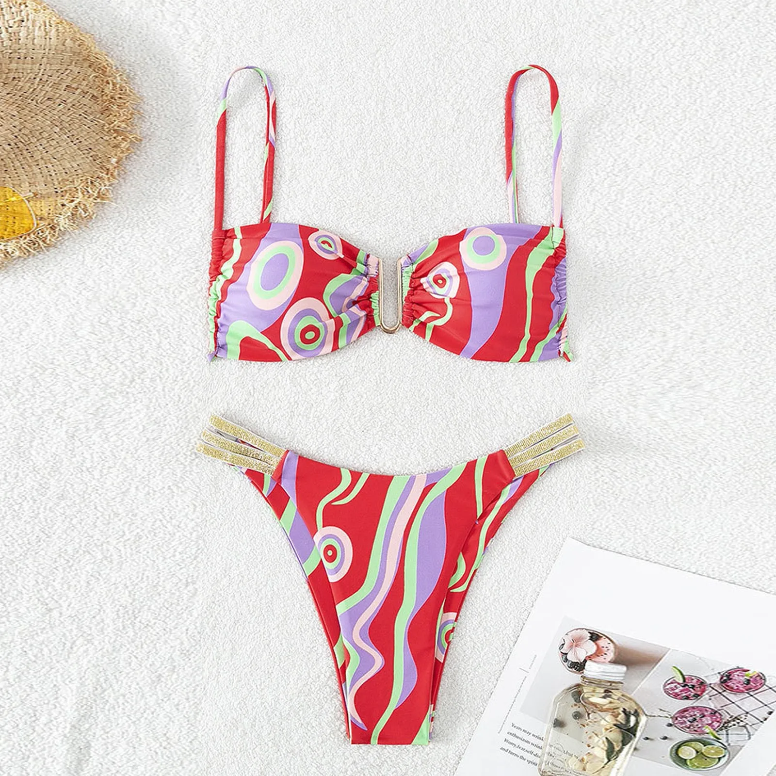 

Printing High Waist Bikinis Swimwear Female Retro Split Beachewear Bikini Set Sexy Halter Lace Up Bathing Suits