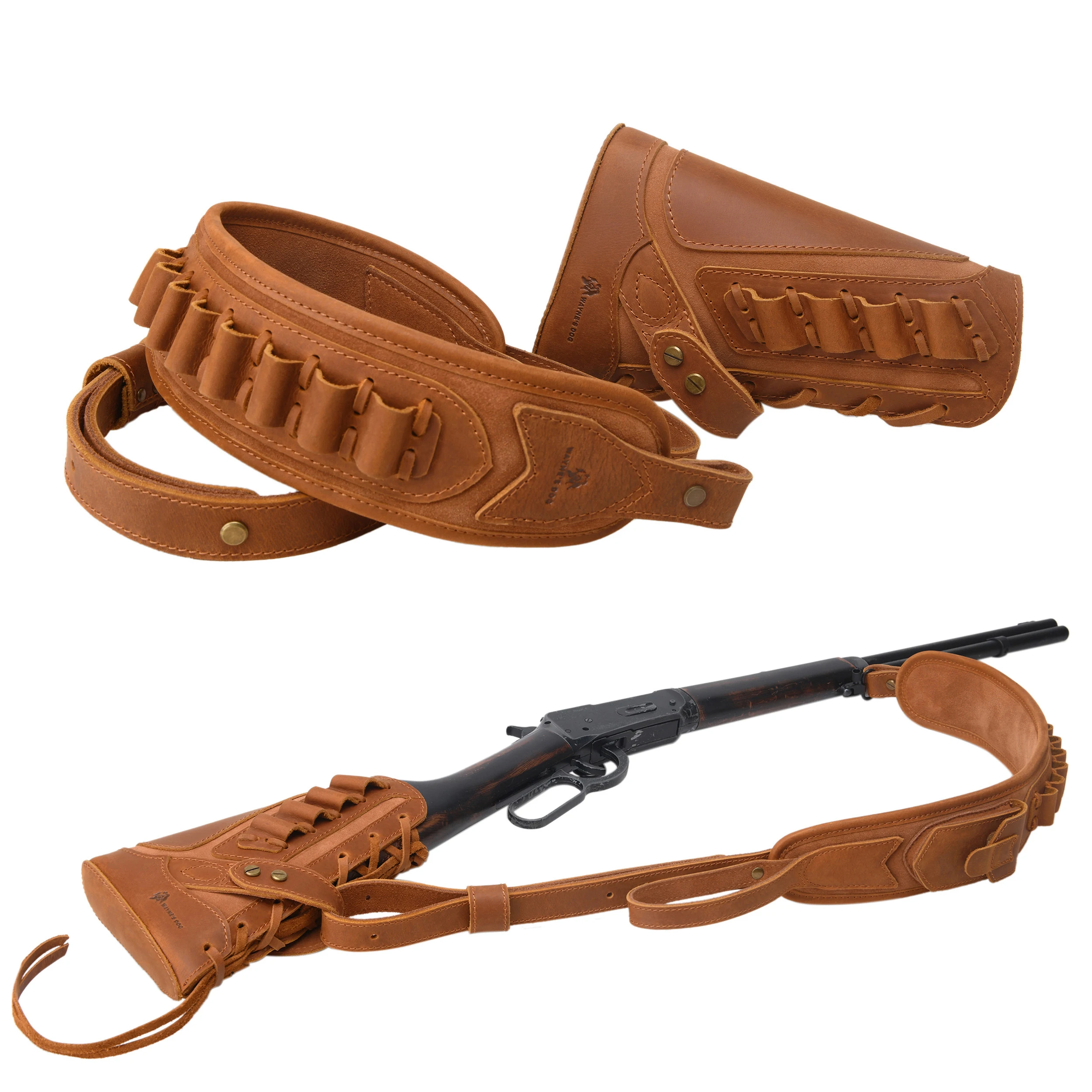 

Hunting Leather Buttstock Recoil Pad with Gun Sling Shell Holder No Drill for .308 .45-70 .22LR .30-30 .357 .22MAG