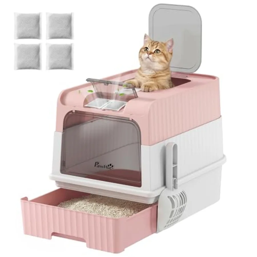 

Лоток для кошачьего туалета с капюшоном, передним входом и верхним выходом, выдвижным поддоном, совком, 4 пакетами для дезодорации, легко чистится, пластик, серый