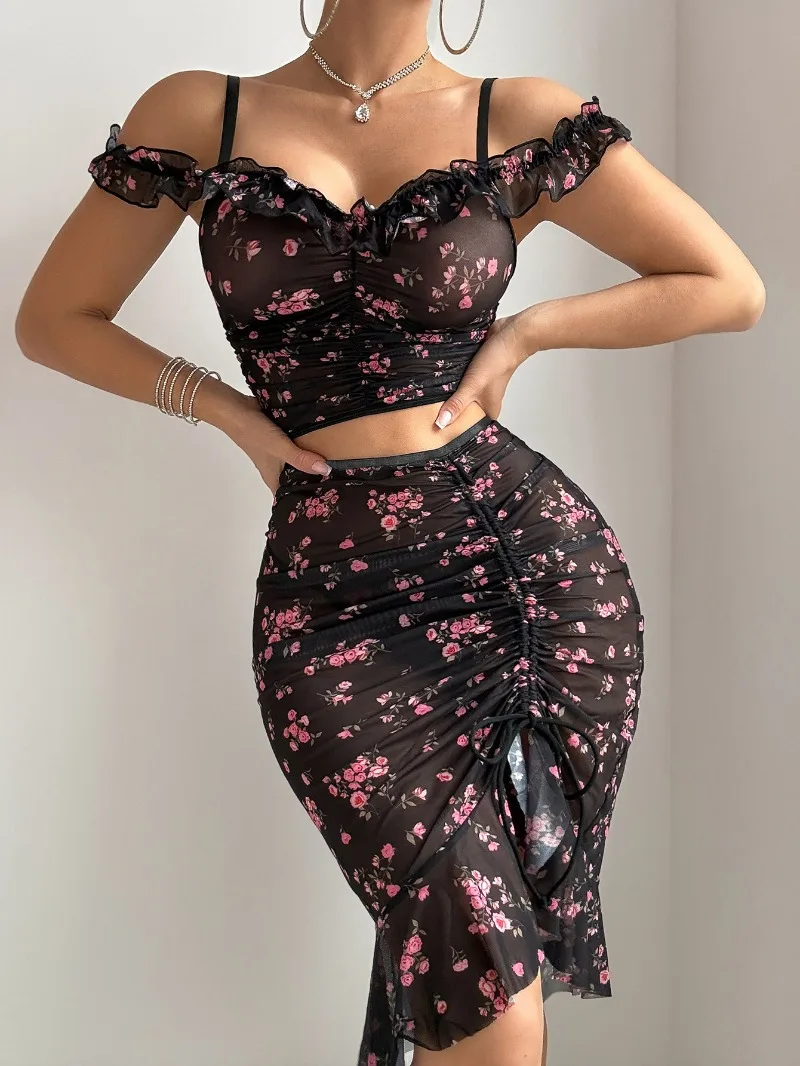 Flower Print Skirt Matching Set Off Shoulder Women Short Tops Irregular Drawstring Mini Dress Pleated Perspective Matching Sets