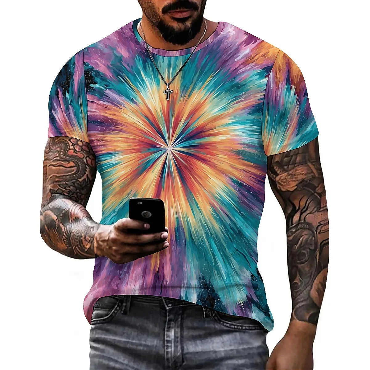 

Daily Wear Loose Vibrant Color Design Men's 3D Printed Short-Sleeve T-Shirt - High-Quality Printing Top