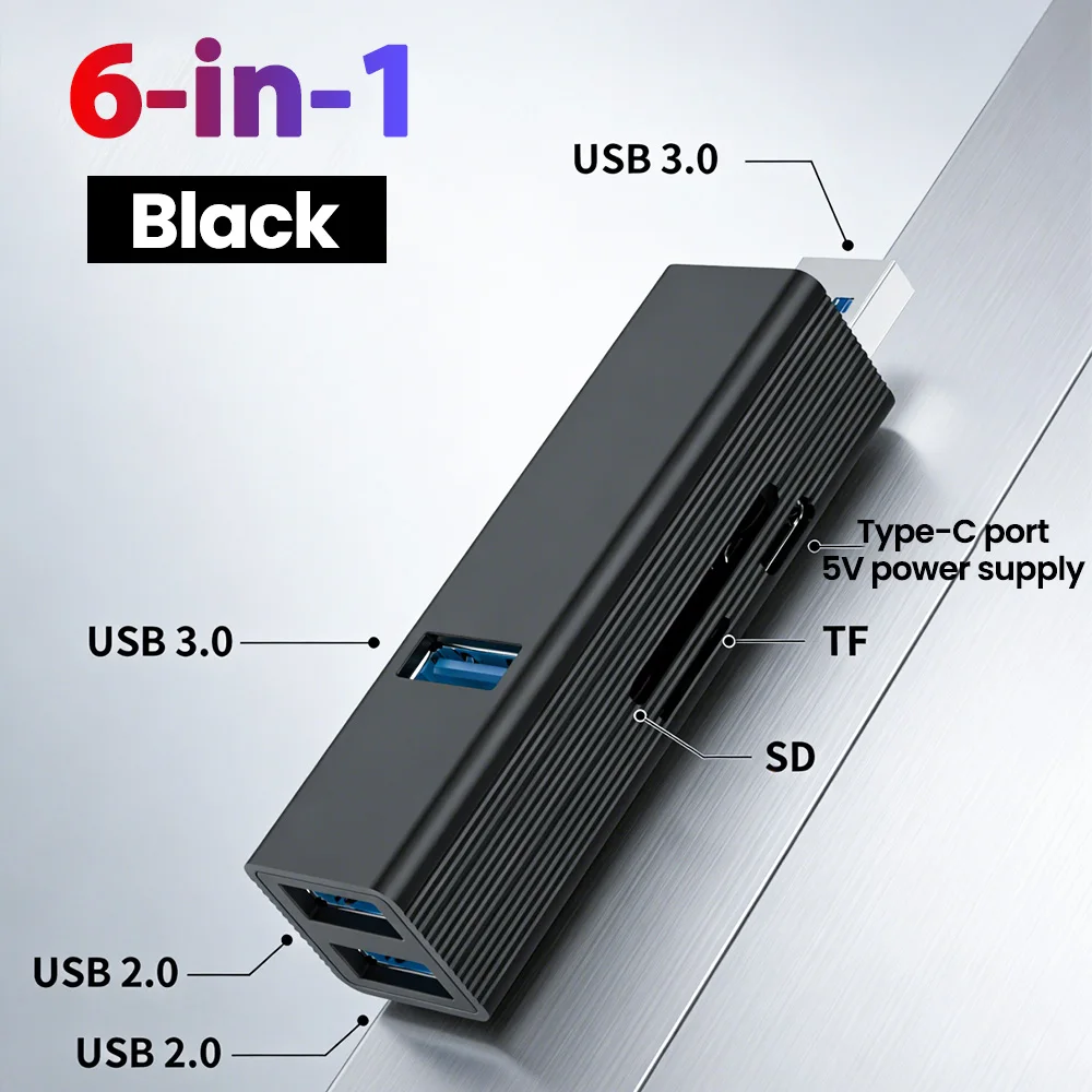 

Многофункциональный USB-кардридер 6-в-1 с разъемами USB 3.0, USB 2.0, слотами для карт TF и SD, портом Type-C для зарядки и функцией чтения/переноса данных USB 3.0 (U-dish)