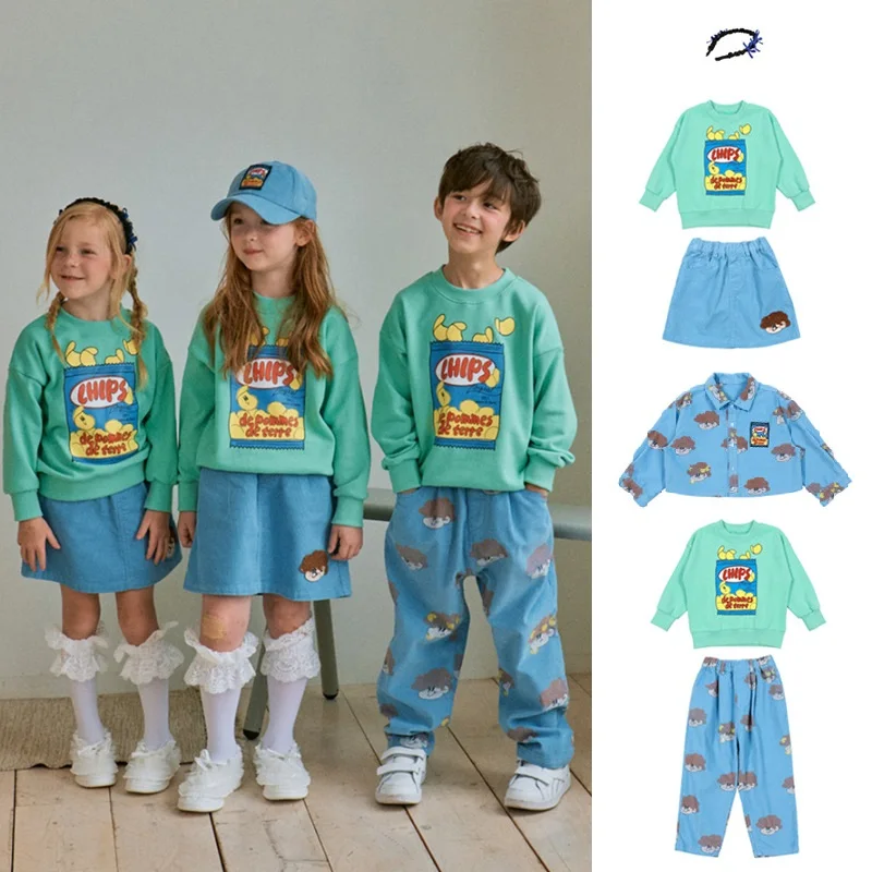 

2024 Brother Sister Sets Matching Clothes Autumn Korean Boys Girls Sweatshirts Skirts Jackets Pants Kids Outwear Hooded Tops