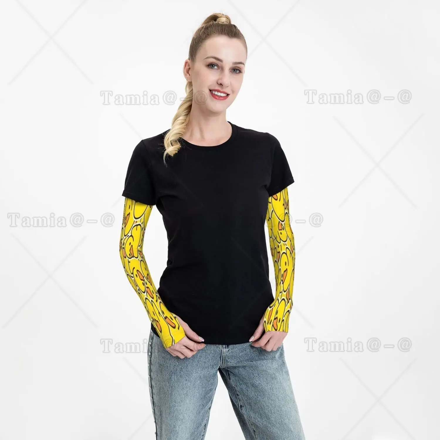 Manicotti per braccioli in anatra gialla cartone animato Protezione UV Sole Manicotti sportivi unisex in seta di ghiaccio