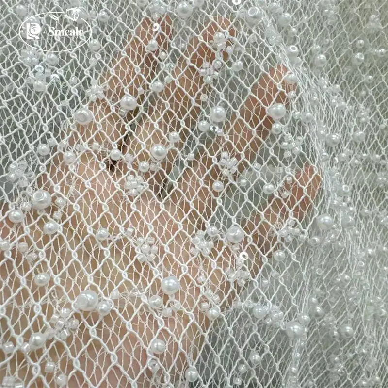 SMEALE Rope Bead Embroidery Hollow Mesh Dress Lace Fabric, Newly Designed Fishtail Dress Bride Fabric