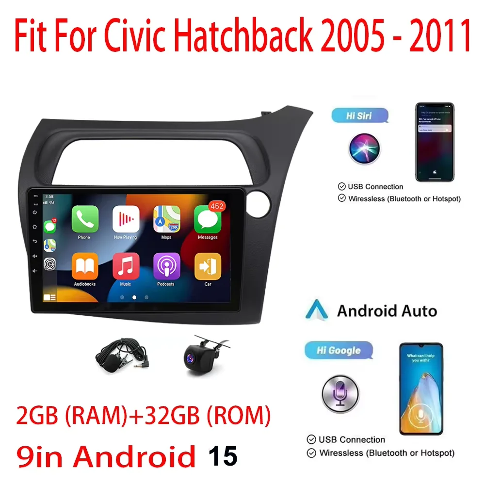 9inch Car Multimedia Player Android 15 Wifi For Civic Hatchback 2005 - 2011 GPS Navigation Fit For Carplay Android Auto 2+32G