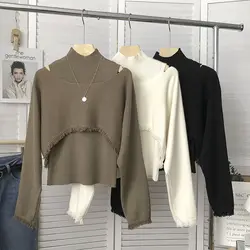 Two Piece Set for Women Korean Fashion Hollow Half High Collar Knitted Sweater Elegant Tassel Long Sleeve Slim Fit Pullover Tops