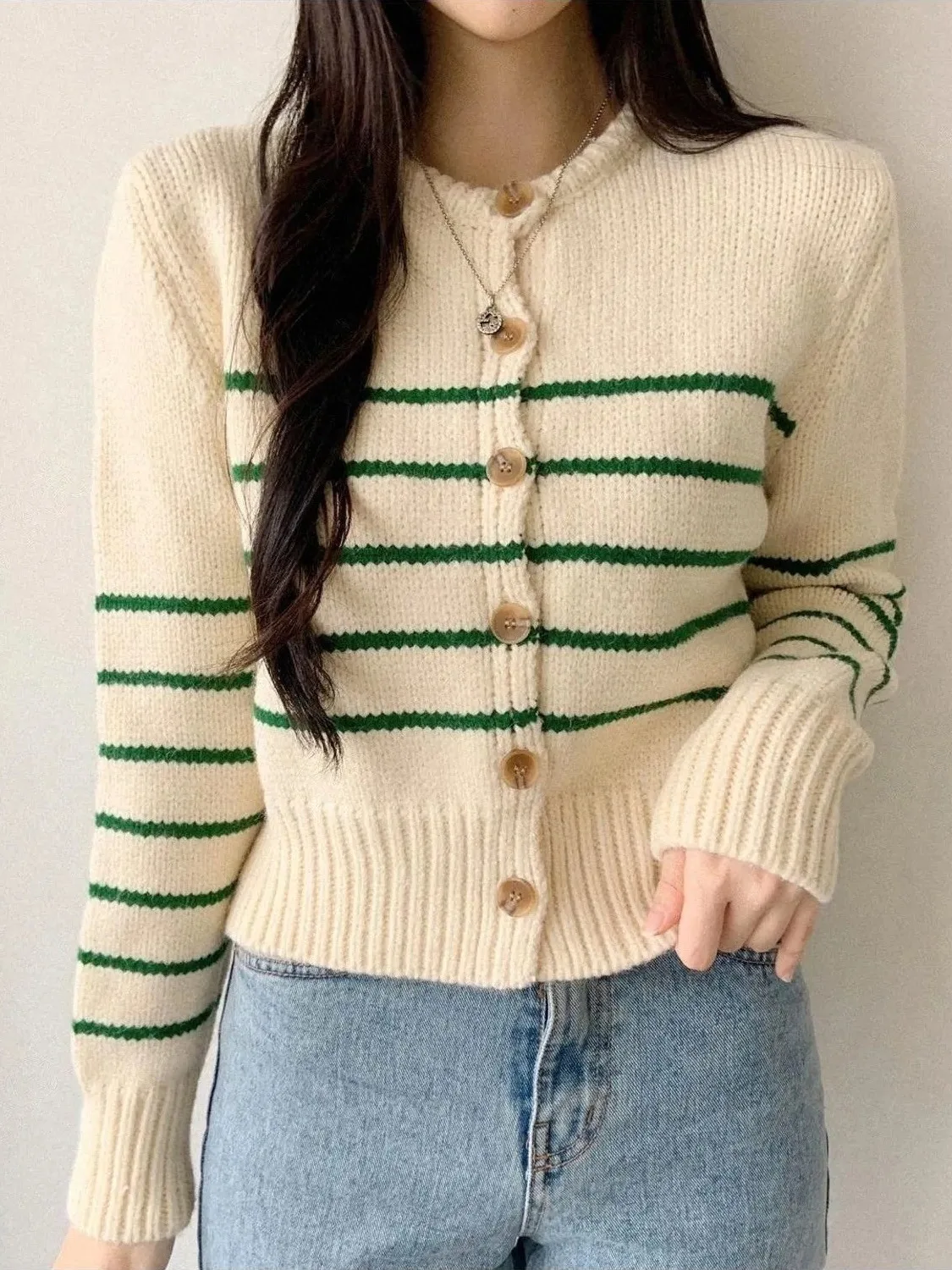 Soft Cozy Large Needle Knitted Open Cardigan Women's Faion Single Button Long Sve Sweater Coat Striped Pattern French Sle