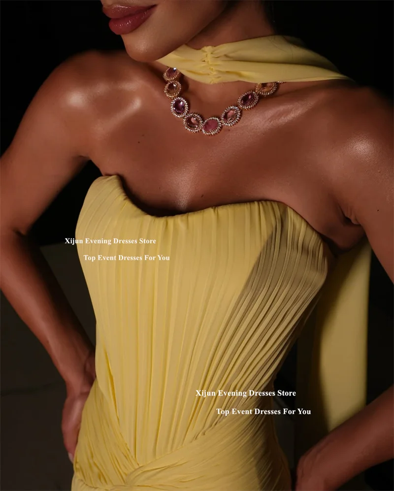 Xijun Желтые шифоновые вечерние платья трапециевидной формы Милая плиссированные платья макси для выпускного вечера Вечерний шарф без рукавов Пром платья по индивидуальному заказу