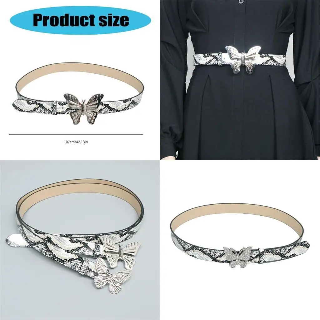 

39BB Metallic Butterfly Buckle Belt for Women Girl Cool Girl Belt Waistband for Jeans Pants 2000s Skinny Waist Strap Thin Belt