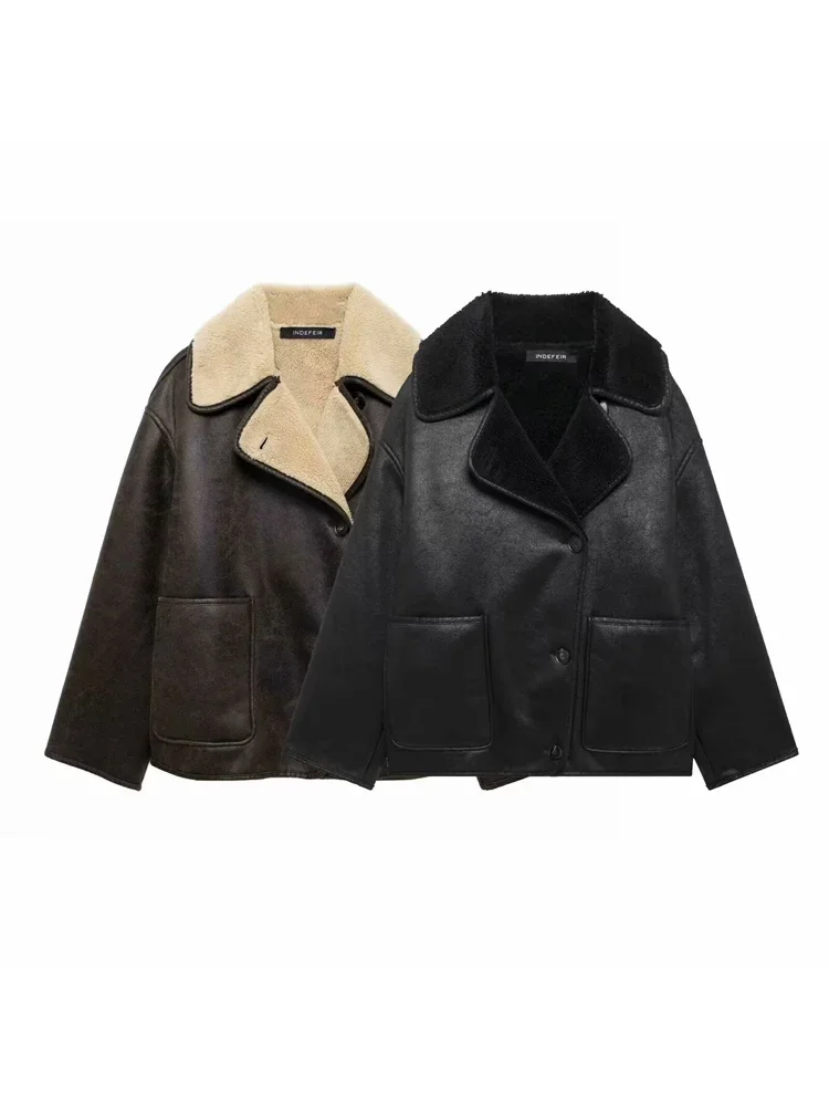 traffic 2024 Women front patch pockets faux shearling jacket vintage lapel-neck long sleeve button-up female outerwear chic tops