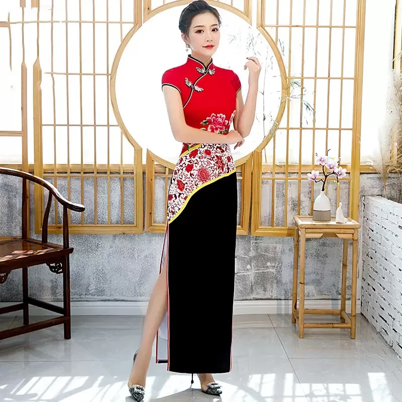 

Женское традиционное вьетнамское платье Cheongsam с коротким рукавом и восточным цветочным принтом, вечернее платье Aodai