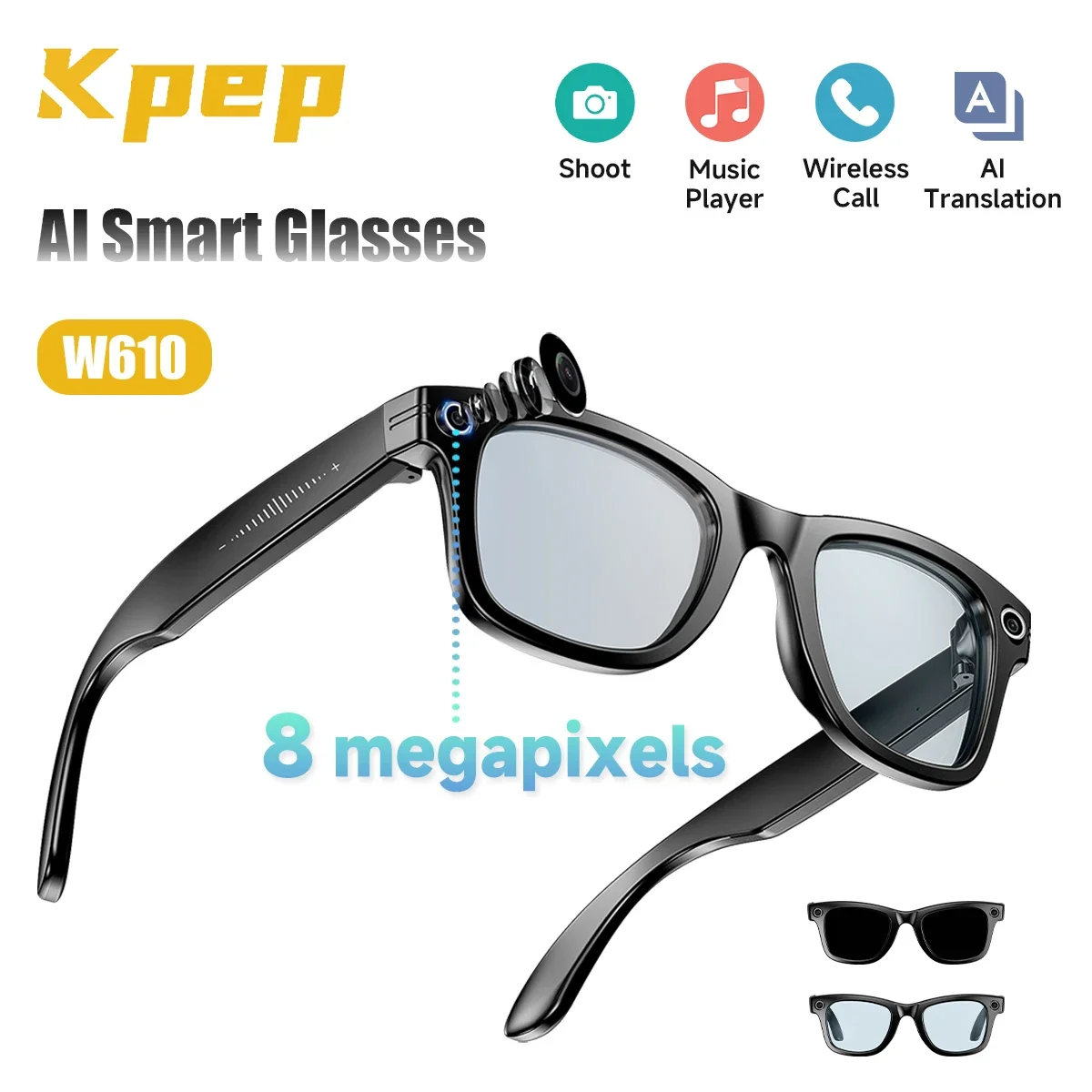 

Умные очки KPEP 800MP Pixels с камерой, Bluetooth-наушники, управление музыкой, голосовой помощник, перевод искусственного интеллекта для мужчин и женщин