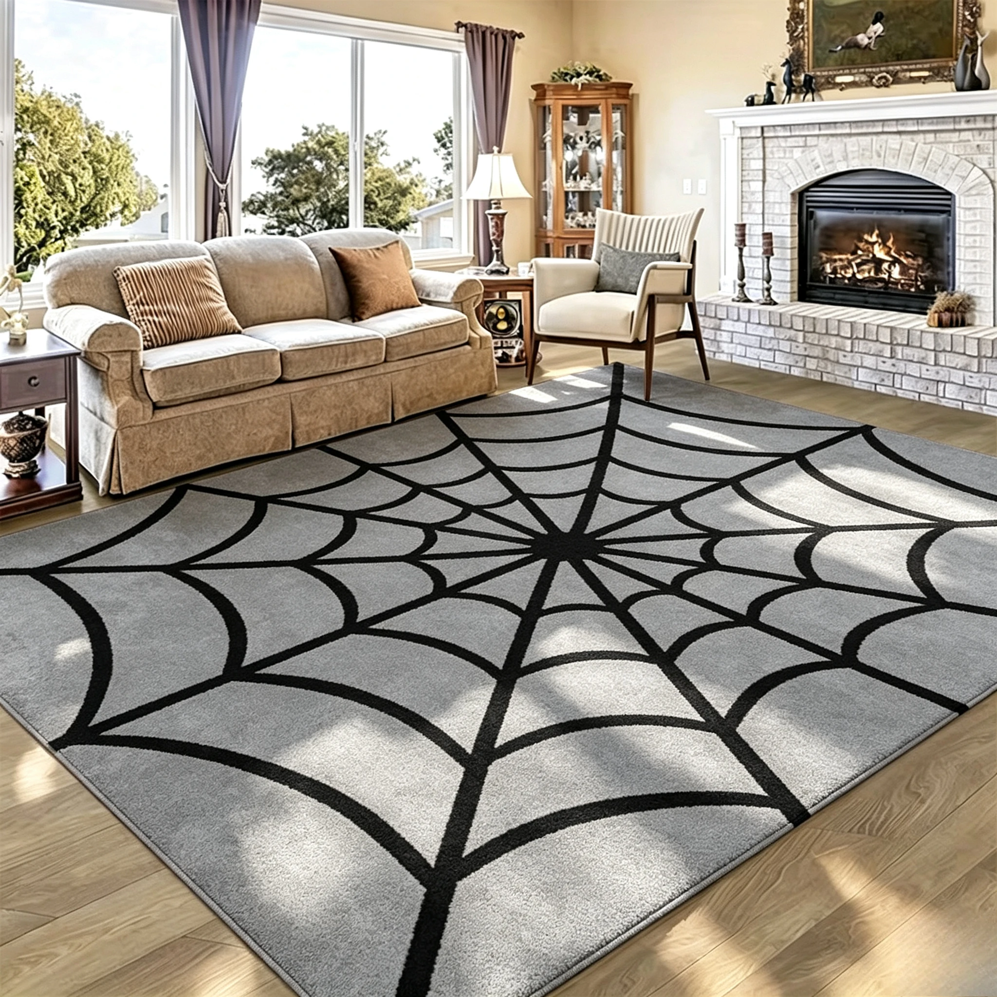 Spider Web Printed Decorative Rug Modern Gothic Cobweb Graphic Pattern Floor Carpet for Indoor Living Space Bedroom Game Room