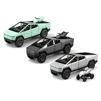 1/32 Tesla Cybertruck Pickup Speelgoedauto Miniatuur Diecast Metaal Terreinwagen Model Trek Geluid Licht Collectie Cadeau Jongen