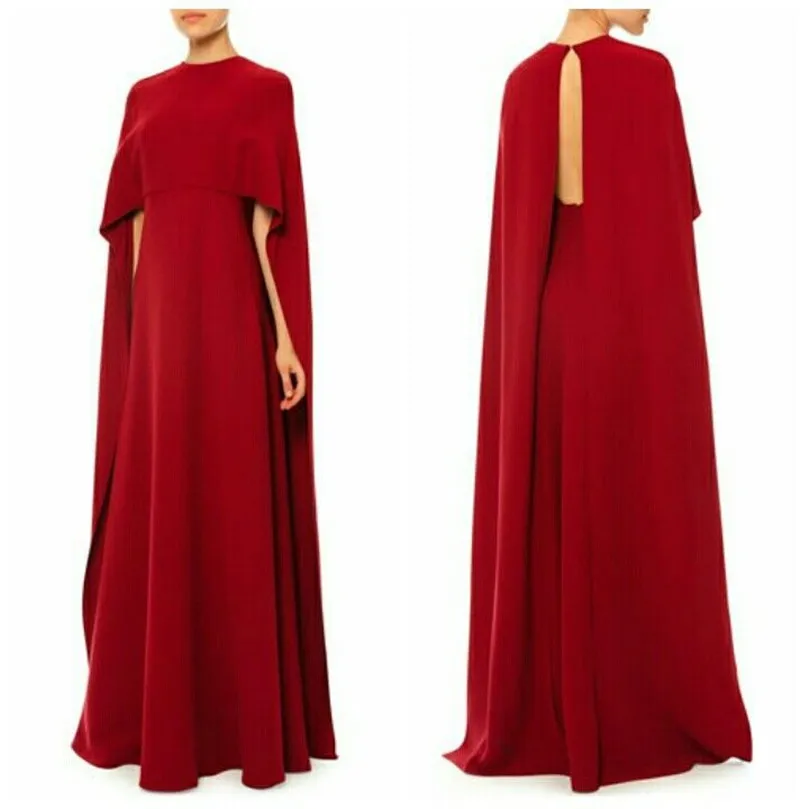 

Customized Long Burgundy Evening Dresses with Slit/Cape A-Line Crepe O-Neck Floor Length فساتين السهرة Prom Dress for Women