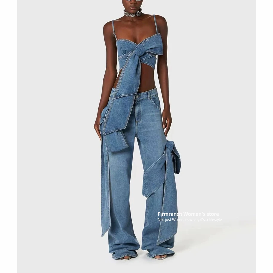 

Firmranch Early Spring 2024 New Sexy Sweet Butterfly Denim Short Lace-up Crop Top + Wide Leg Jeans With Bowknot Two Piece Set