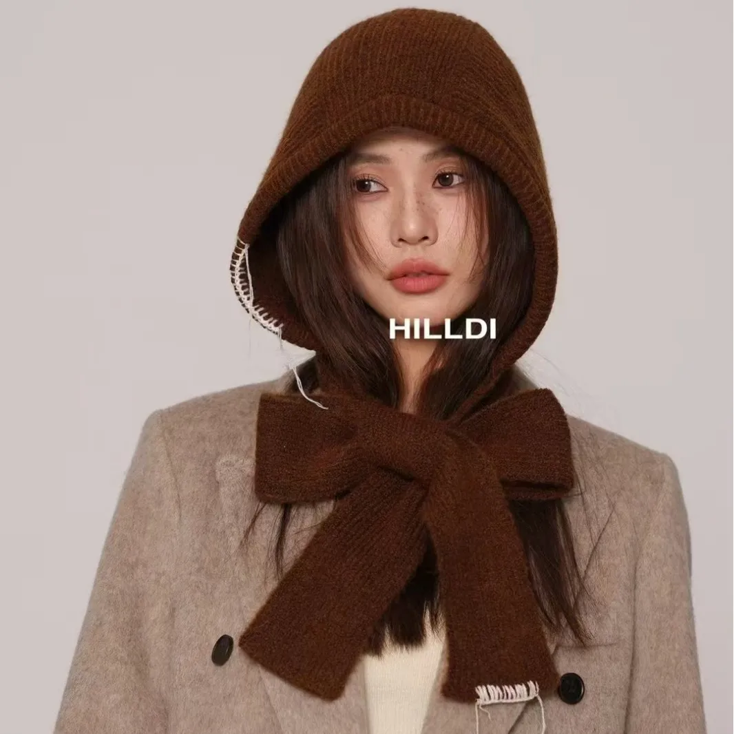 Balaklafa Hat Women's Retro Bow Scarf Hat Integrated Warm Ear Protection Outdoor Woolen Hat Knit Hat Czapka Zimowa 4m786