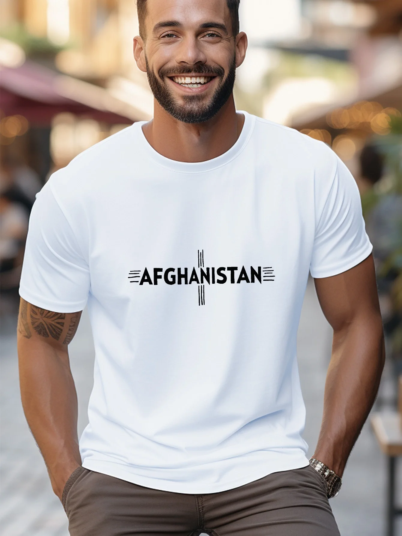 Men's Casual Short-Sleeved Round-Neck T-Shirt, Featuring an Afghan Pattern Cross Design, Made from Micro-Elastic Knit Fabric. This Printed T-Shirt Is Available in a Regular Fit, Perfect for Outdoor Activities.