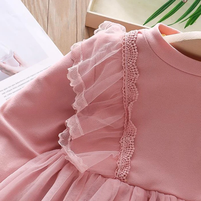 2-9 Years Girls Children\'s Spring & Autumn Long Sleeve Puffy Dress Pink Beige Mesh Princess Dress Birthday Party Outfit