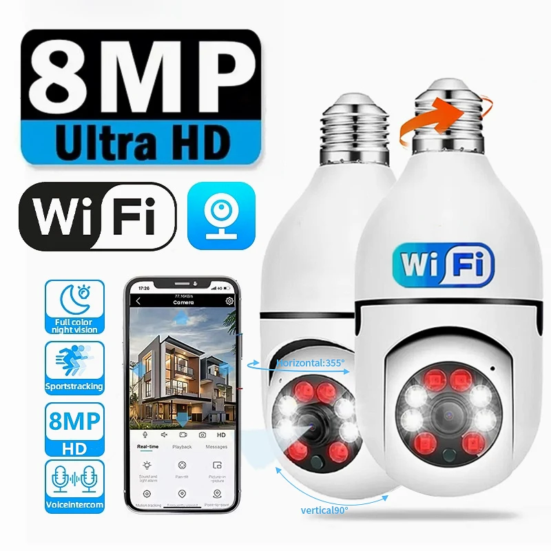 8MP E27 ampoule Wifi caméra de Surveillance intérieure 4X Zoom numérique AI humain détecter couleur Vision nocturne caméras sans fil maison intelligente