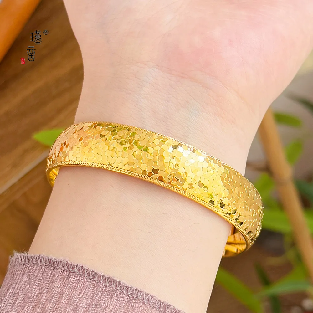 14mm Women AU999 24K Gold Sparkling Ice-Cut Muddler Back Bangle, Comfort Decor Wrist Jewelry Fit Closely on Wrist
