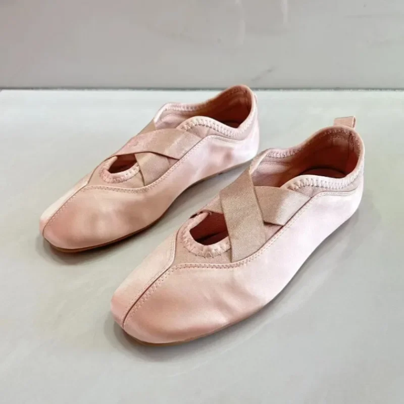 

Aneikeh 2026 Spring Designer Satin Ballet Flats Women's Round Toe Soft Sole Lightweight Dancing Mary Jane Ladies Shoes