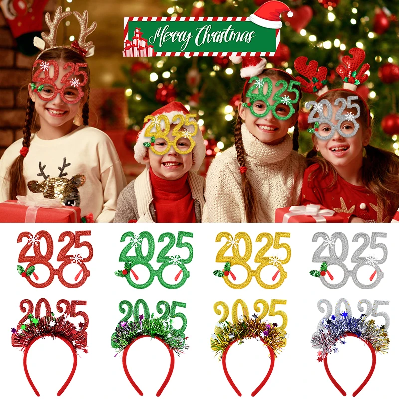 Christmas Photo Props 2025 Glasses Frame Headband Children Adult New Year Headwear Christmas Party Decoration 2024 Navidad Gift