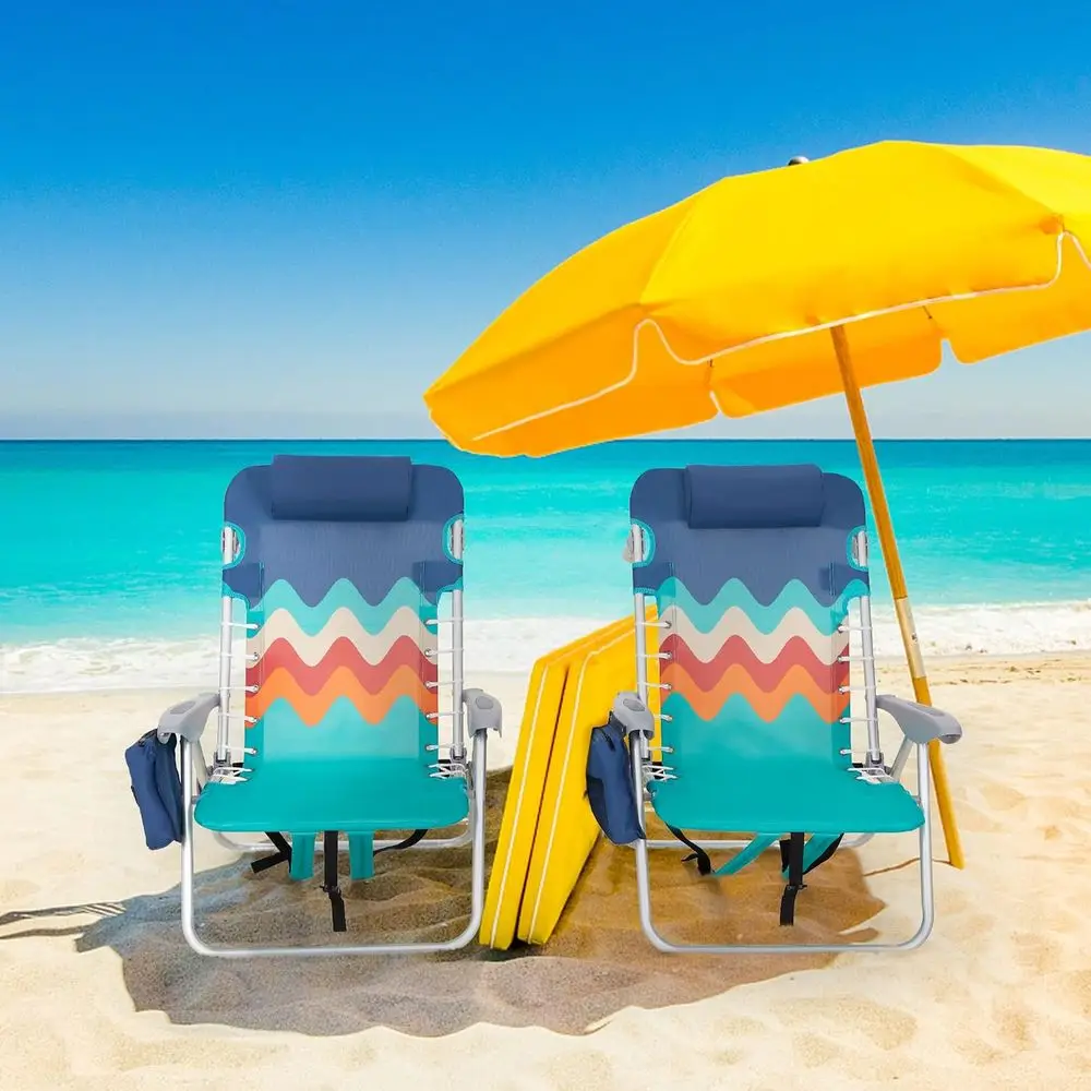 Backpack olding Beach Chairs or Adults Set o 2 Blue | Support 250LBS, Portable Beach Chair, Outdoor Lawn Camping Chairs, with 4