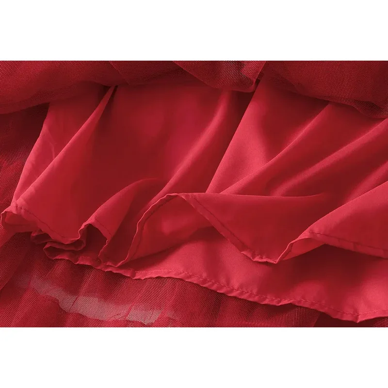 الجديد في عام 2025 تنانير طويلة للسيدات على شكل شجرة صالحة للأكل من الدانتيل الشبكي على شكل كعكة تنانير طويلة للسيدات بخصر عالٍ من التول تنورة توتو حمراء أنيقة #6