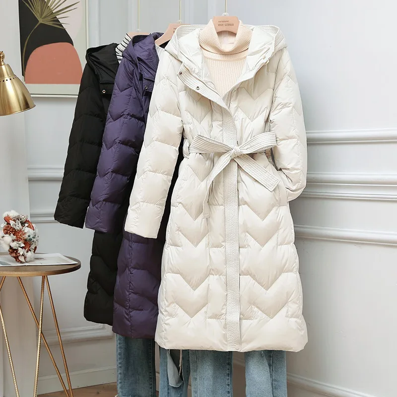 

2022 Autumn And Winter New Fashion Women's Clothing Slim Middle And Long Hooded Light Down Jacket Long White Duck Down Slim Coat