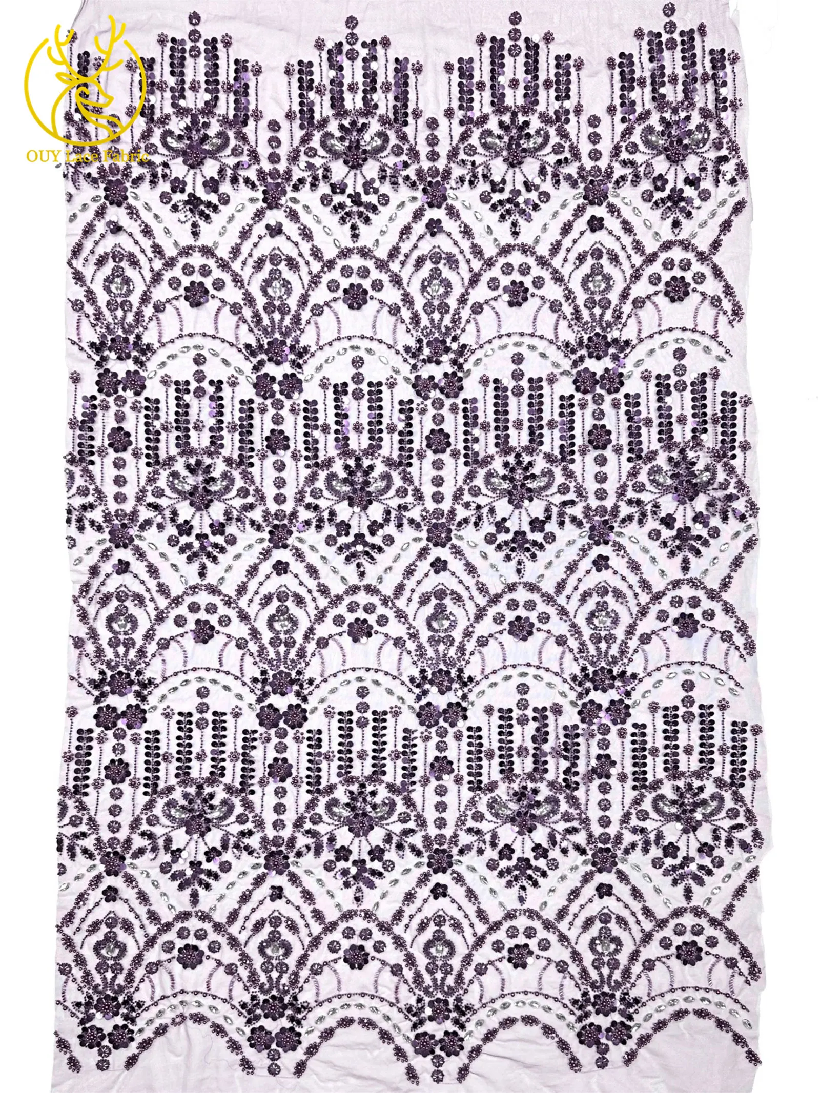Afrikanischer Spitzenstoff in Traubenlila, französische Pailletten, bestickte Spitze, glitzernde Strass-Spitze für Brautkleider zum Nähen – Detail 6