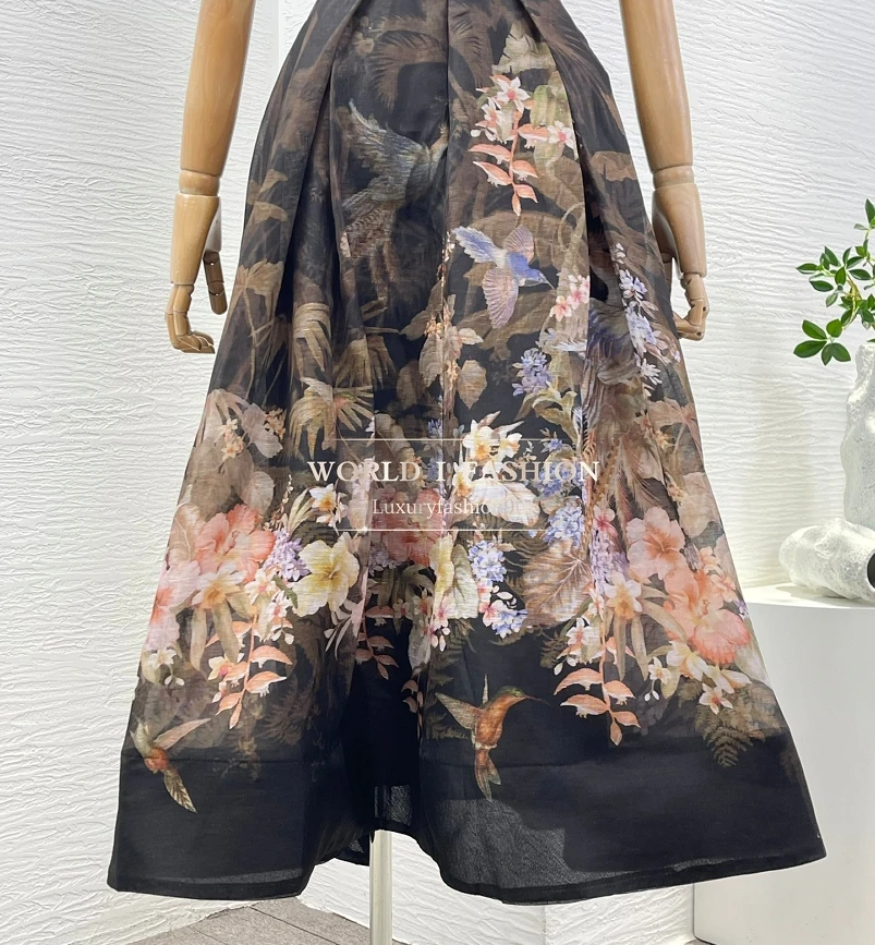 Black High Quality Elegant Women 2025 New Linen Silk Beach Style Sleeveless Strapless Floral Print Midi Dresses