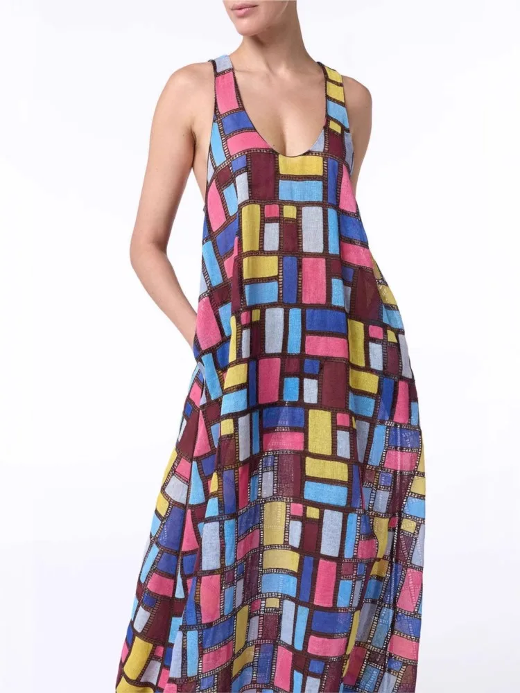2026 frühling Sommer Neue Strand Urlaub Kleid frauen Mode Bunte Gedruckt Rundhals Ärmellose Lose bodenlangen Langen rock