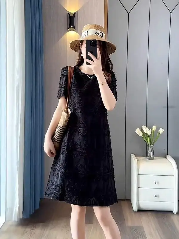 

plus Size Summer Bla Lace Dr Women's A-Line Skirt Belly Cover Slimming Midi Skirt French Sle High Waist Cotton Blend