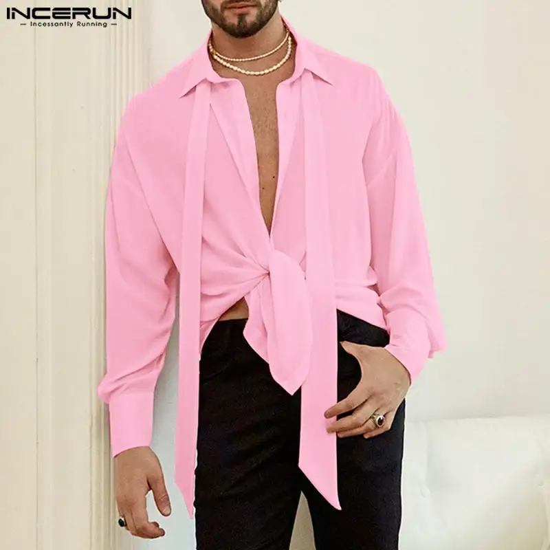 2024 Men Shirt Lapel Long Sleeve Lace Up Streetwear Button Loose Casual Men Clothing Solid Color Fashion Camisas S-5XL INCERUN