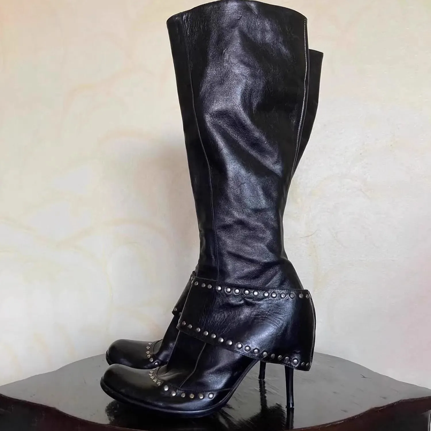 Genuine Leather Vintage Rivet Round Toe Stiletto Wide Calf Gothic Knee High Biker Boots For European Street Daily Party Outfit