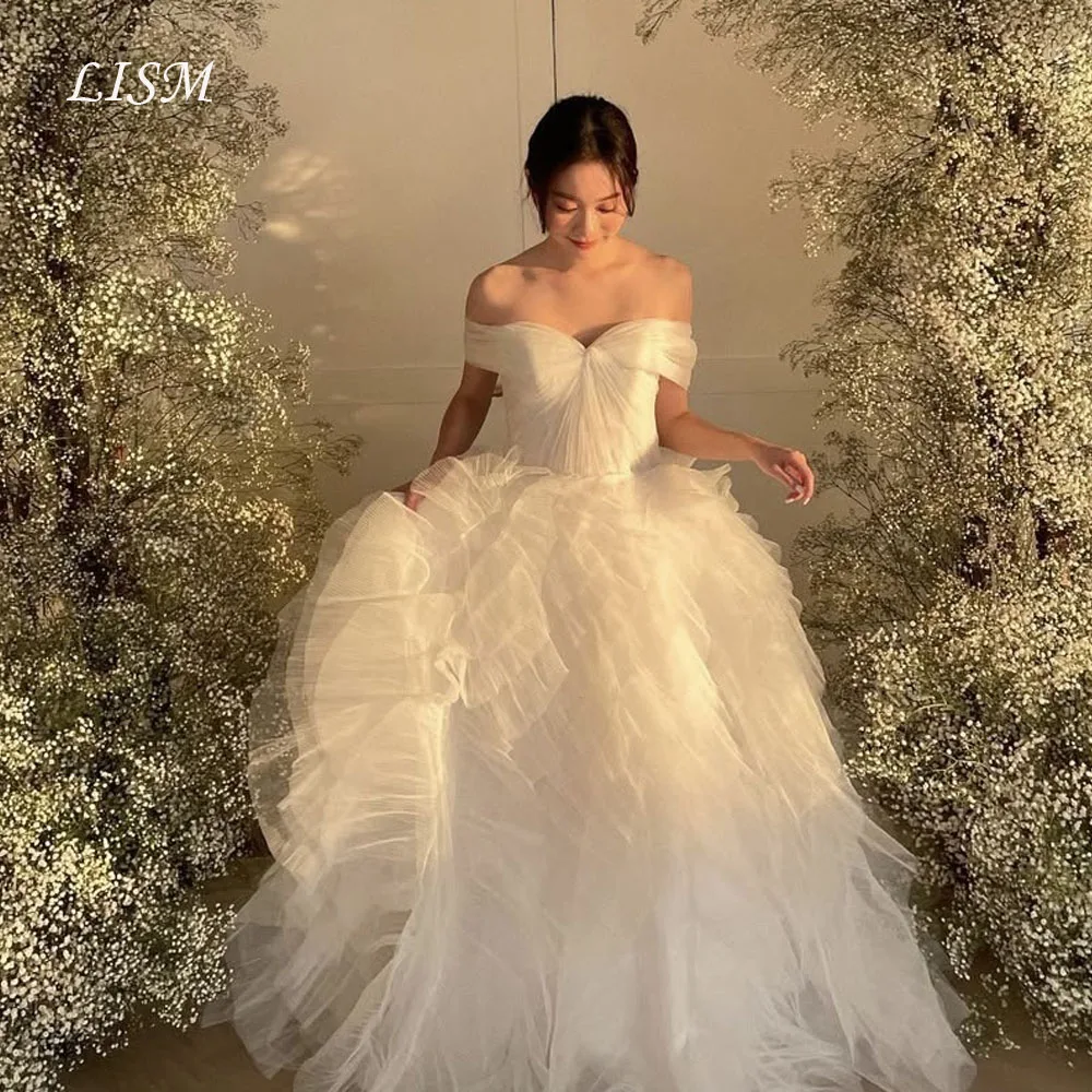 LISM Off Shoulder Fairy Korea Wedding Dresses A-Line Customized Silk Tulle Long Elegant Bridal Gowns 결혼식 드레 Photo Shoot