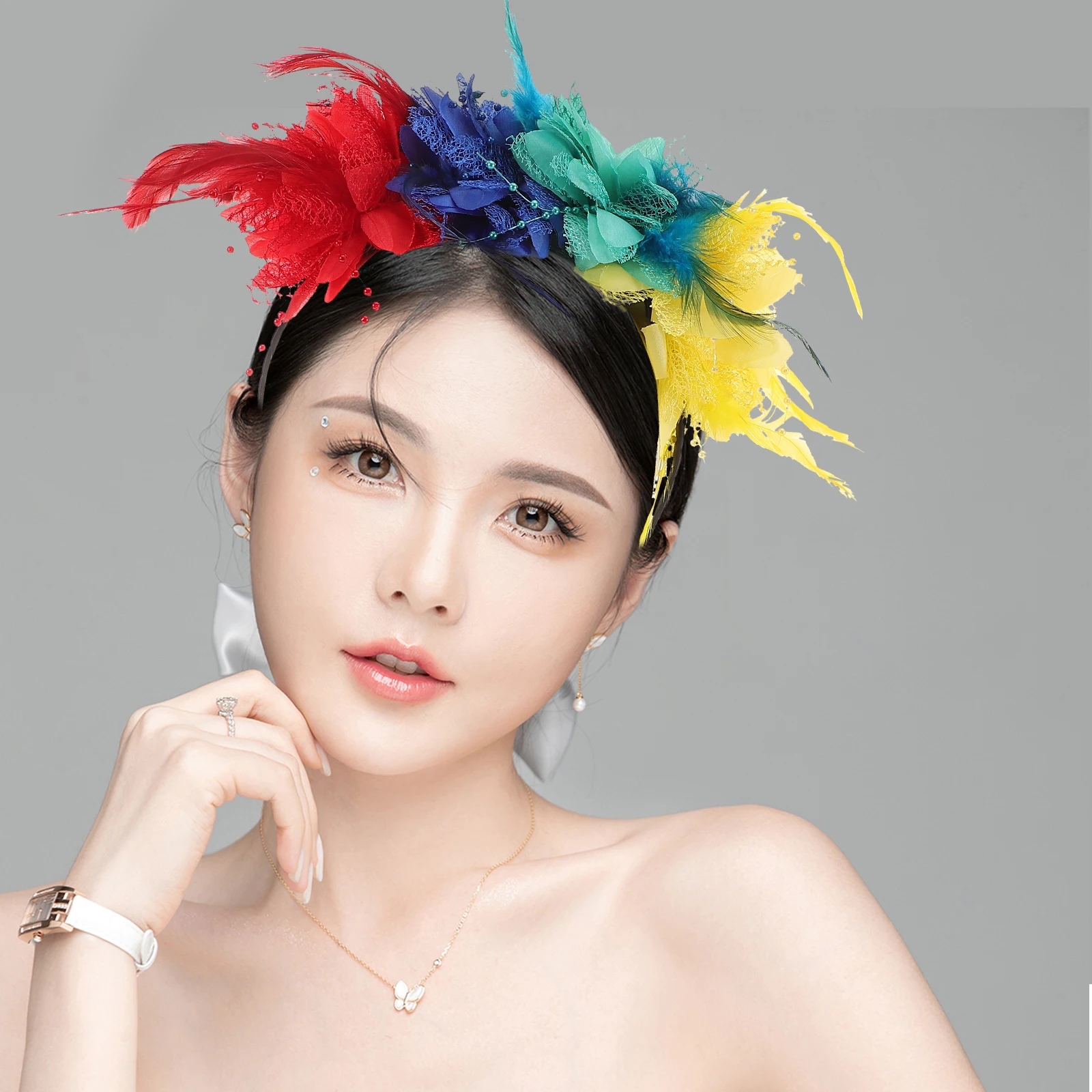

Flowers Hairband Headband Decorate Feathered Fascinator Cloth Headpiece Floral Crown Headwear Miss