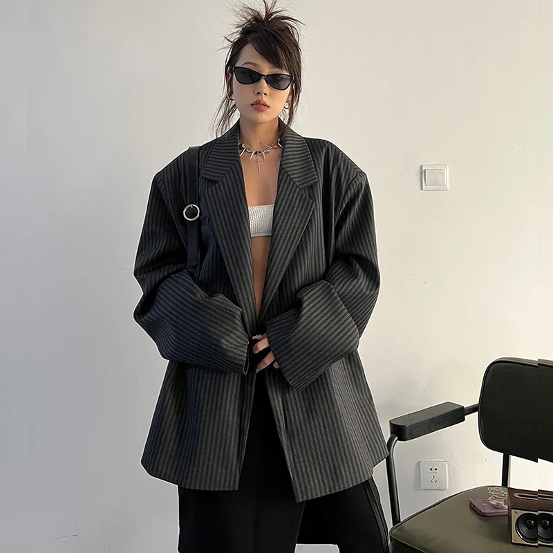 Vintage Gestreept Grijs Jasje Vrouwen Vest Lente Herfst Nieuwe Casual Losse Notched Kraag Lange Mouw Vrouwelijke Blazers Jas