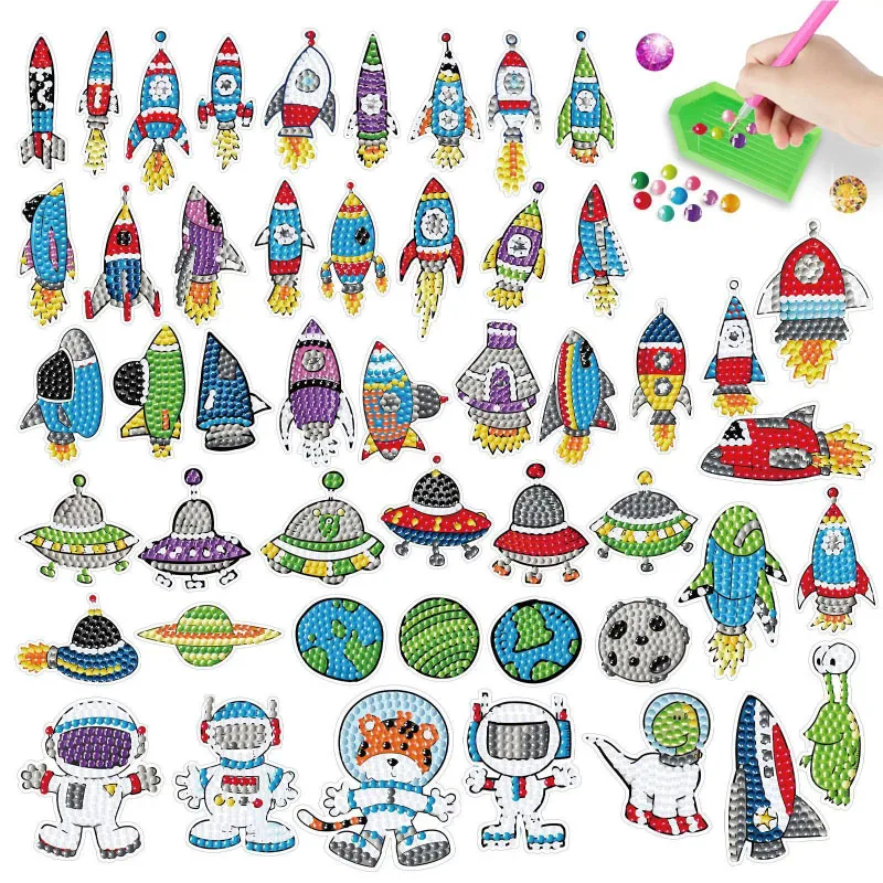 Kit de arte de diamante espacial para niños, pintura artesanal por número, astronauta, planeta, nave espacial, cohete, pintura de diamante, pegatinas, manualidades bordadas