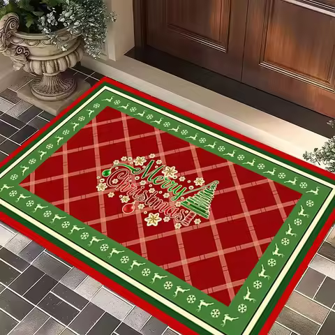 Christmas Day Carpet Red Green Grid Anti Slip Carpet Christmas Tree Decoration Entrance Mat Holiday Atmosphere Floor Mat