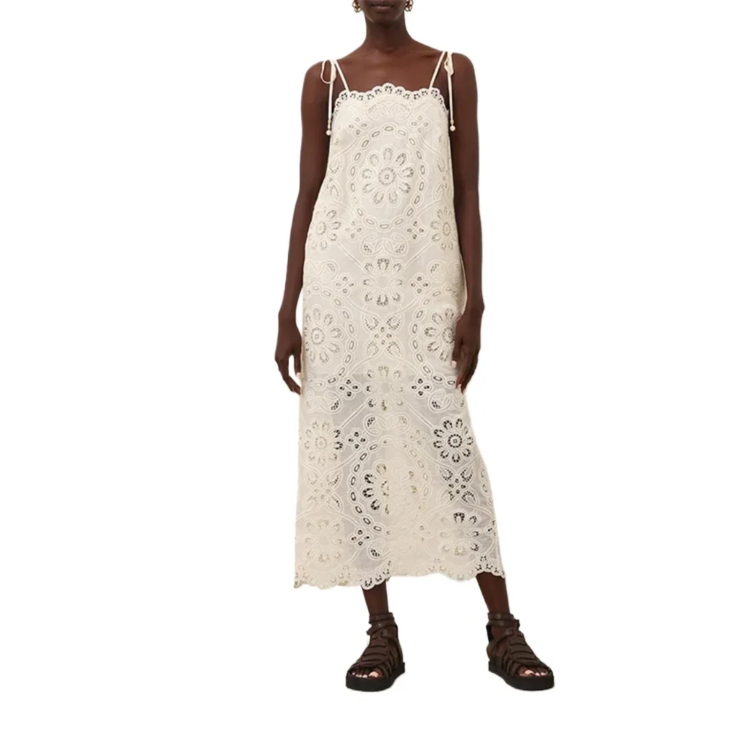 Holiday Style Women High Quality Midi Dress 2025 New Ivory Color Embroidered Suspender Shell Lace Gentle