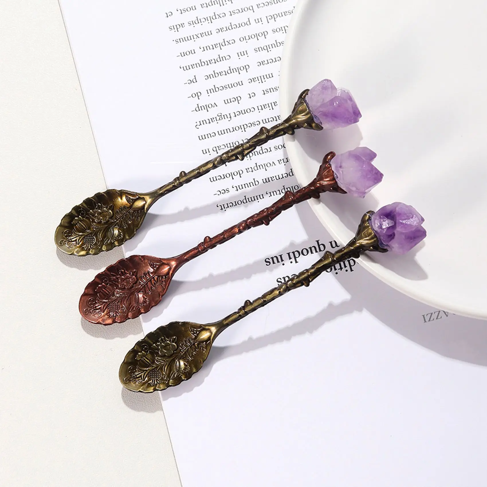 Carved Flower Crystal Stone Long Handle Coffee Spoon Teaspoon Irregular Retro Crystal Mini Ice Cream Spoon Decorative