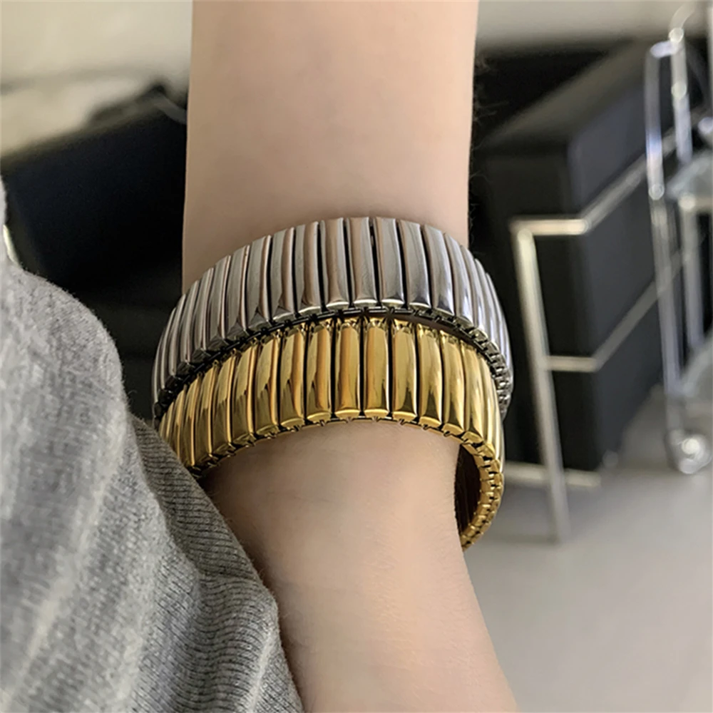 Stainless Steel Luxury Metal Design Simple Elastic Bracelet for Women European and American Trend Retro Jewelry Accessories