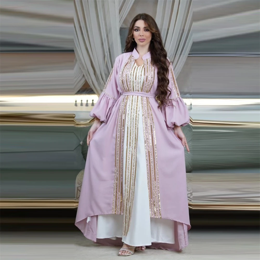 Caftán marroquí de lentejuelas de lujo para mujer, Vestido de manga farol, Abaya, conjuntos musulmanes, vestidos de Ramadán, bata Eid Jalabiya Dubai, 2 piezas