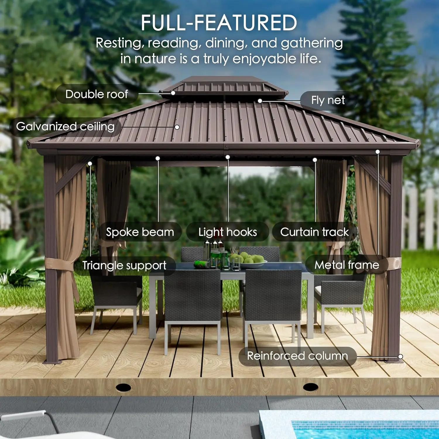 

10'x12' Hardtop Gazebo - Permanent Metal Pavilion with Netting Shaded Curtains for Patio, Backyard